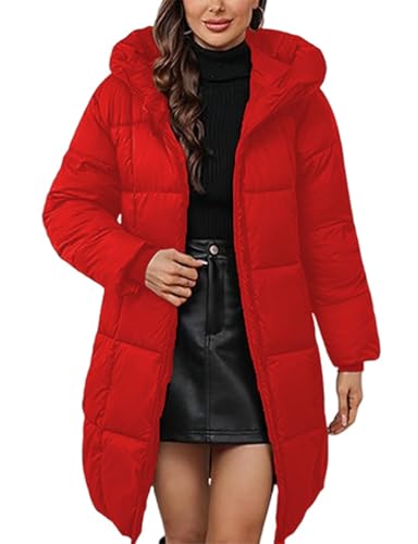 MorFansi Damen Wintermantel mit Kapuze Dick Warmer Steppmantel Lang Daunenjacke Outdoorjacke Winddicht Daunenmantel Steppjacke Outwear (Rot,XL) von MorFansi