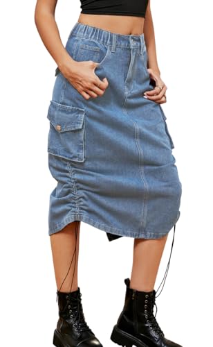 MorFansi Damen Y2K Cargo Röcke Jeans Bleistiftrock High Waist Elegant Kordelzug Midi Rock Casual mit Taschen (Denim,2XL) von MorFansi