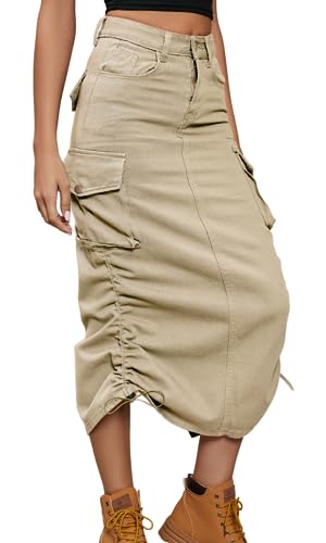 MorFansi Damen Y2K Cargo Röcke Jeans Bleistiftrock High Waist Elegant Kordelzug Midi Rock Casual mit Taschen (Khaki,L) von MorFansi