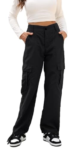 MorFansi Damen Y2K Cargohose High Waist Stretch Wanderhose Sport Jogginghose Elastischen Knöcheln mit Taschen (Schwarz,L) von MorFansi