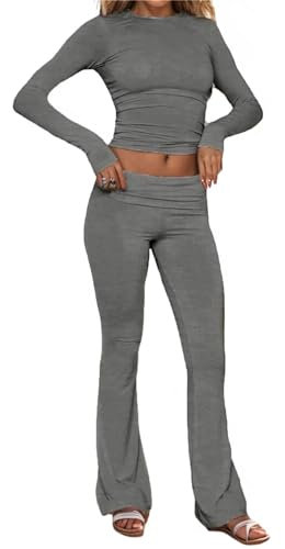 MorFansi Damen Zweiteiliges Outfit Lounge Set Langarm Crop Top und Schlaghose Trainingsanzug Loungewear Schlafanzug Hausanzug Pyjama (Dunkelgrau,S) von MorFansi