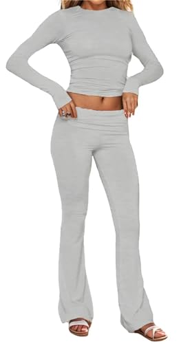 MorFansi Damen Zweiteiliges Outfit Lounge Set Langarm Crop Top und Schlaghose Trainingsanzug Loungewear Schlafanzug Hausanzug Pyjama (Hellgrau,S) von MorFansi