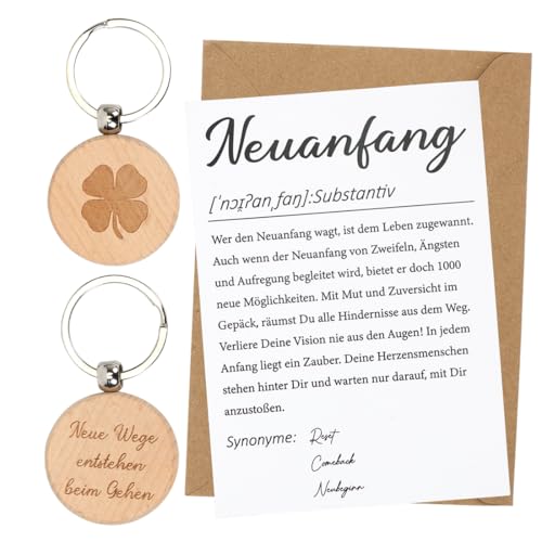 MorLuks Neuanfang Geschenk, Karte Neuanfang mit Kleeblatt Schlüsselanhänger Holz, Karte Abschied, Geschenke für Kollegen Jobwechsel Ruhestand Neuer Job Umzug Mutmacher von MorLuks