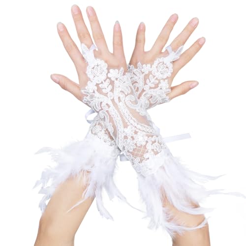 MorLuks Damen Spitzenhandschuhe Federn Weiß, Lange Fingerlose Handschuhe für Karneval, Halloween, Cosplay & Party von MorLuks