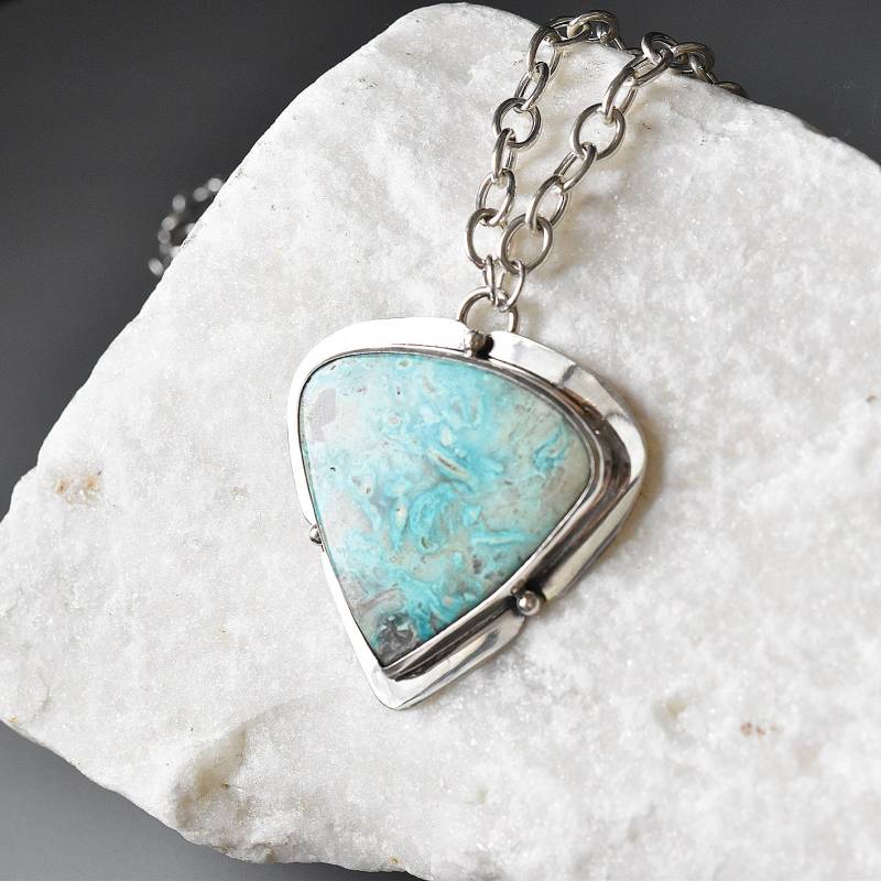 Großer Silberanhänger, Chrysokoll-Langkette, Boho-Halskette Aus Sterlingsilber Großer Silberanhänger, Chrysokoll-Langkette, Boho-Halskette Aus Sterlingsilber von MorSilverJewelry