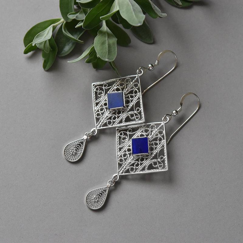 Lapislazuli Viereck Silber Ohrringe, Royalblaue Kobaltblaue Ohrringe Lapislazuli Viereck Silber Ohrringe, Royalblaue Kobaltblaue Ohrringe von MorSilverJewelry