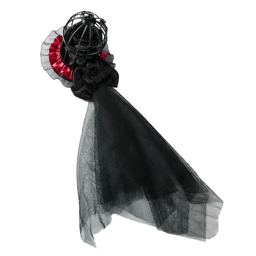 Eleganter Vogelkäfig-Schleierhut mit dunklen Rosenverzierungen und Haarspangen für Mottopartys, Gothic-Kopfbedeckung von Morain