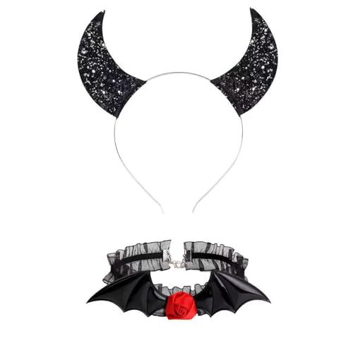 Gothic Dark Girls Choker Collar Rose Devil Wing Headband Set Gothic Bat Wing Versatile Choker Halloween Costume Accessories For Adults von Morain