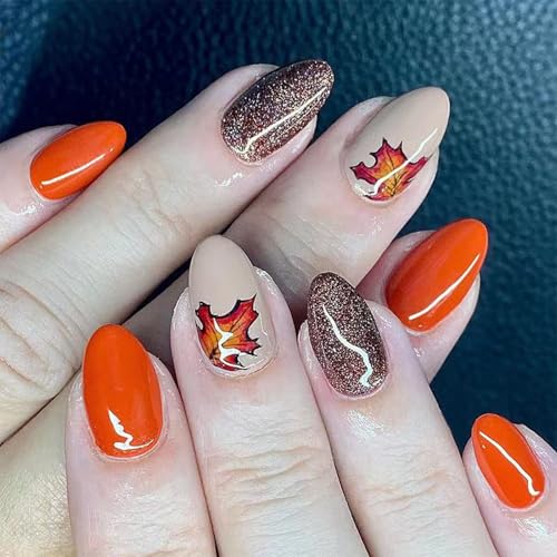 Künstliche Nägel zum Aufdrücken mit Herbst-Ahornblättern, für Thanksgiving, Mandel, künstliches Acryl, zum Aufkleben, für Damen, volle Abdeckung von Morain