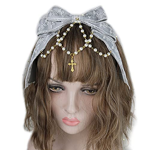 Stirnbänder, Spitze Bögen Kopfschmuck Multilayered Spitze Schleife mit Perlenkette Big Bowknot Stirnband Dienstmädchen Anime Haar Ornamente von Morain