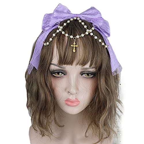 Stirnbänder, Spitze Bögen Kopfschmuck Multilayered Spitze Schleife mit Perlenkette Big Bowknot Stirnband Dienstmädchen Anime Haar Ornamente von Morain