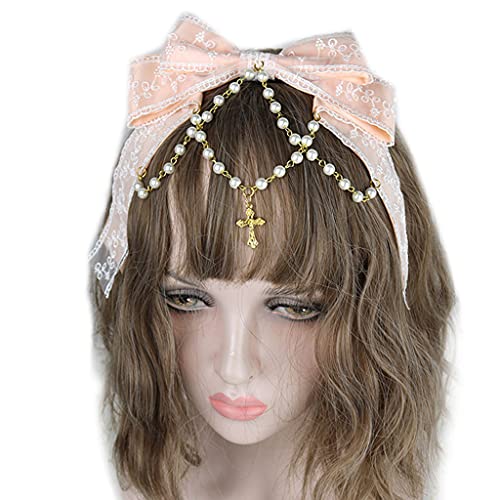 Stirnbänder, Spitze Bögen Kopfschmuck Multilayered Spitze Schleife mit Perlenkette Big Bowknot Stirnband Dienstmädchen Anime Haar Ornamente von Morain