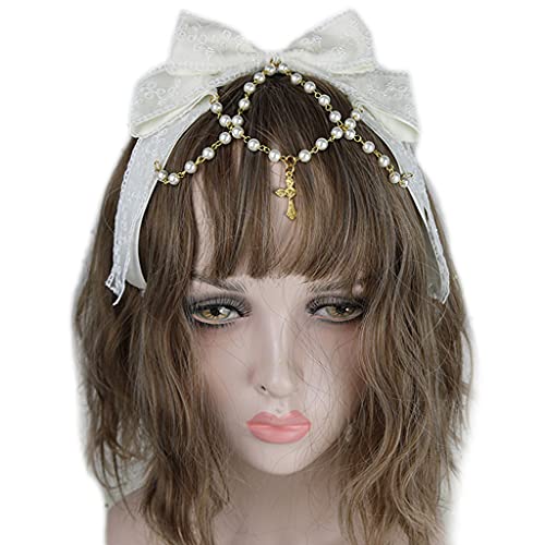 Stirnbänder, Spitze Bögen Kopfschmuck Multilayered Spitze Schleife mit Perlenkette Big Bowknot Stirnband Dienstmädchen Anime Haar Ornamente von Morain