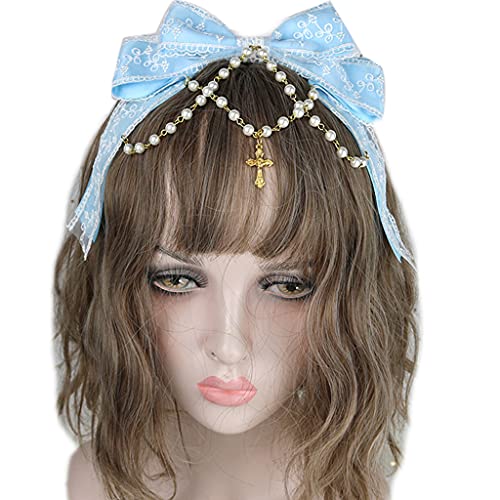 Stirnbänder, Spitze Bögen Kopfschmuck Multilayered Spitze Schleife mit Perlenkette Big Bowknot Stirnband Dienstmädchen Anime Haar Ornamente von Morain