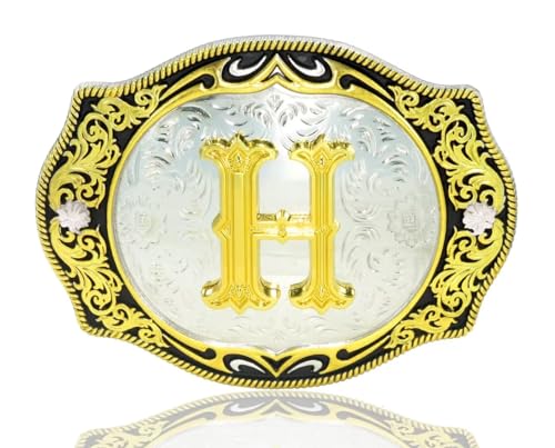 Moranse Goldene Western-Gürtelschnalle mit Buchstaben A bis Z in rundem Blumenherz Cowboy, Buchstabe H, Medium von Moranse