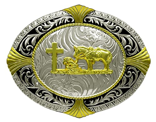 Moranse Gürtelschnallen mit Religion-Kreuz-Design, Cowboy-Design mit Gebet und Pferd, Muster Goldren 3, Mitte von Moranse