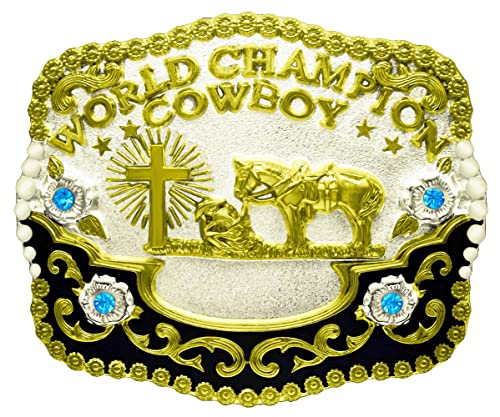 Moranse Religion Kreuz Cowboy und Pferd Design Gürtelschnallen - Blau - Mitte von Moranse