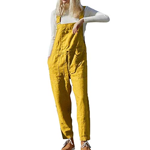 Morbuy Damen Frauen Retro Latzhose Lässig Insgesamt Baggy Jumpsuits, Leinen Taschen Playsuit Hose Lange Harem Casual Overalls Täglichen Trousers Pants Schwangere Hosen (Gelb,S) von Morbuy