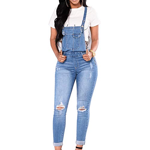 Morbuy Sommer Damen Skinny Latzhose, Mode Lang Jumpsuits mit Taschen Casual Loch Jeans Hosen Slim Fit Stretch Denim Casual Jeanshose Overalls Playsuit Hosenanzug (Hellblau,M (Waist 28-29'')) von Morbuy