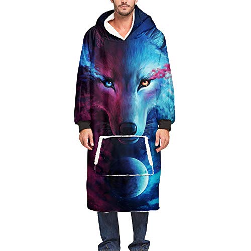 Decke mit ärmeln und Kapuze 3D, Morbuy Wolf Drucken Kuscheldecke Übergroße Kapuzenpullover Weiche Plüsch Hoodie Sweatshirt Pullover Fronttasche für Männer Frauen Jugendliche (Einheitsgröße,Blau) von Morbuy