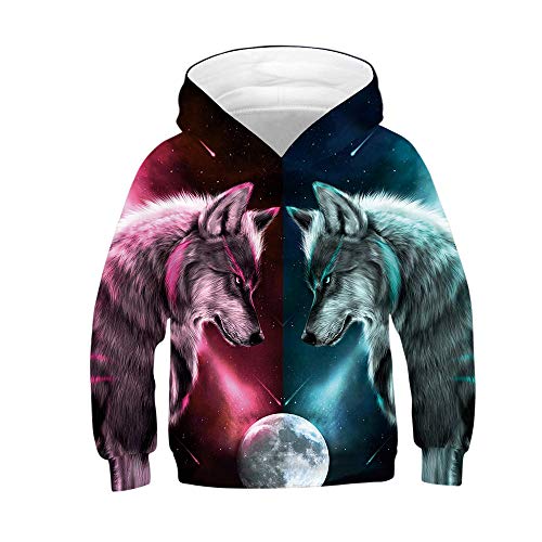 Morbuy Jungen und Mädchen Hoodie 3D Wolf und Tiger Gedruckt Kapuzenpullover, Unisex Kinder Casual Langarm Warm Sweatshirt mit Kapuze mit Taschen für 6-14 Jahre (M (135-140cm),Planet Wolf) von Morbuy