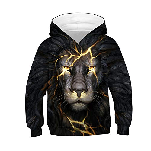 Kinder Hoodie 3D Kapuzenpullover, Morbuy Psychedelischer Löwe Unisex Mode Langarm Sweatshirt mit Kapuze mit Taschen für Jungen und Mädchen 6-14 Jahre (XS (115-120cm),Blitzlöwe) von Morbuy