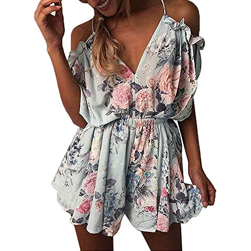 Morbuy Damen Blumen Boho Jumpsuits, Elegant Kurz Overall Playsuit, Sommer Ärmellos V Ausschnitt Elastische Taille mit Rüschen Locker Freizeitkleider (L,Hellblau) von Morbuy