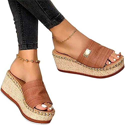 Morbuy Damen Gestickt Sandalen Slippers Sommer, Große Größe Retro Weben Sandaletten Hacke 5 CM Strand Keilabsatz Sandalen Peep Toe Schuhe Flachen Frauen Hausschuhe Römer Flip Flop (35,braun) von Morbuy