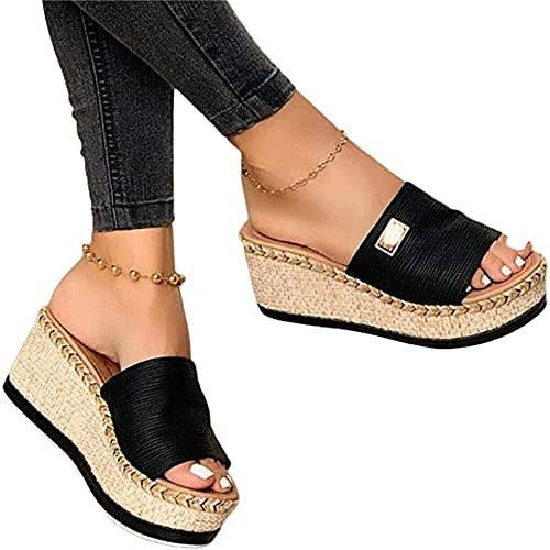 Morbuy Damen Gestickt Sandalen Slippers Sommer, Große Größe Retro Weben Sandaletten Hacke 5 CM Strand Keilabsatz Sandalen Peep Toe Schuhe Flachen Frauen Hausschuhe Römer Flip Flop (35,schwarz) von Morbuy