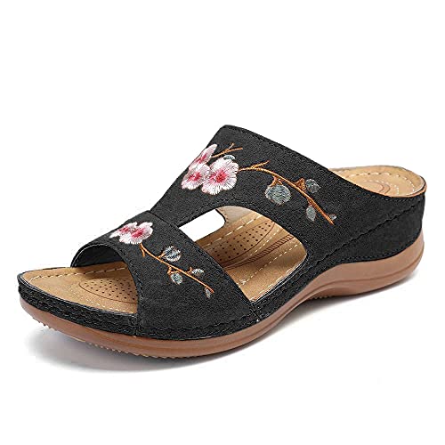 Morbuy Damen Gestickt Sandalen Slippers Sommer, Große Größe Sandaletten Hacke 5 CM Strand Keilabsatz Sandalen Peep Toe Schuhe Flachen Frauen Hausschuhe Römer Flip Flop (36,schwarz) von Morbuy