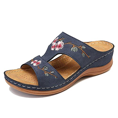 Morbuy Damen Gestickt Sandalen Slippers Sommer, Große Größe Sandaletten Hacke 5 CM Strand Keilabsatz Sandalen Peep Toe Schuhe Flachen Frauen Hausschuhe Römer Flip Flop (37,Blau) von Morbuy