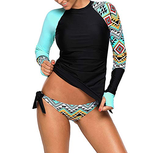 Morbuy Damen Langarm Rash Guard Bademode, Rashguard Sport Slim-Fit Surfen Badeanzug Schwimme Tankini mit Hospants Schwimmshirt Kurzarm UV Shirt Badeshirt (Hellblau,M) von Morbuy