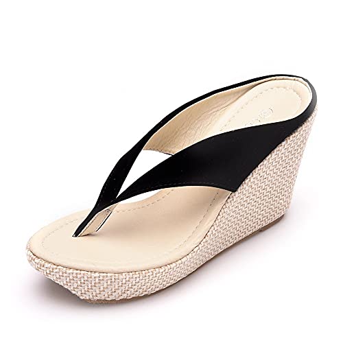 Morbuy Damen Sandalen Slippers Sommer, Große Größe Mode Flip Flop Sandaletten Hacke 9.5 CM Strand Keilabsatz Sandalen Peep Toe Schuhe Flachen Frauen Hausschuhe Römer (33,schwarz) von Morbuy