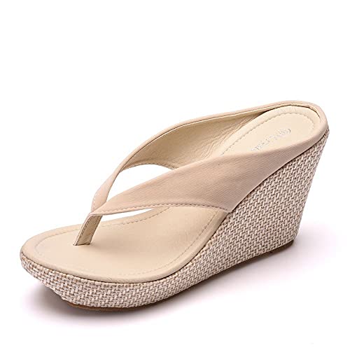 Morbuy Damen Sandalen Slippers Sommer, Große Größe Mode Flip Flop Sandaletten Hacke 9.5 CM Strand Keilabsatz Sandalen Peep Toe Schuhe Flachen Frauen Hausschuhe Römer (34,Beige) von Morbuy