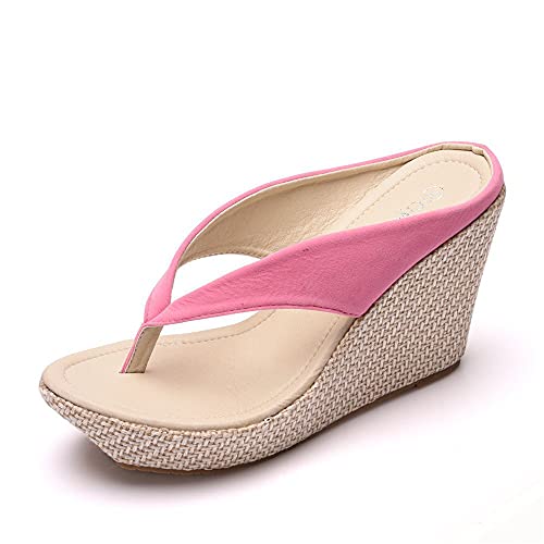 Morbuy Damen Sandalen Slippers Sommer, Große Größe Mode Flip Flop Sandaletten Hacke 9.5 CM Strand Keilabsatz Sandalen Peep Toe Schuhe Flachen Frauen Hausschuhe Römer (42,Rosa) von Morbuy