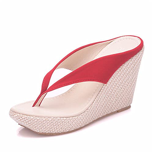 Morbuy Damen Sandalen Slippers Sommer, Große Größe Mode Flip Flop Sandaletten Hacke 9.5 CM Strand Keilabsatz Sandalen Peep Toe Schuhe Flachen Frauen Hausschuhe Römer (42,rot) von Morbuy