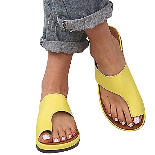 Morbuy Damen Sandalen Slippers Sommer, Große Größe Mode Hallux Valgus Sandaletten Hacke 3 CM Strand Keilabsatz Sandalen Peep Toe Schuhe Flachen Frauen Hausschuhe Römer Flip Flop (39,Gelb) von Morbuy