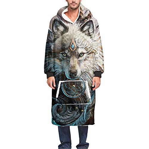 Decke mit ärmeln und Kapuze 3D, Morbuy Wolf Drucken Kuscheldecke Übergroße Kapuzenpullover Weiche Plüsch Hoodie Sweatshirt Pullover Fronttasche für Männer Frauen Jugendliche (Einheitsgröße,Boho) von Morbuy