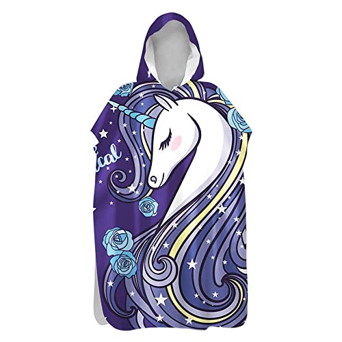 Morbuy Einhorn Kinder Badeponcho mit Kapuze, Bademantel Mikrofaser Weich Badetuch Schnelltrocknend Surf Poncho für Mädchen Jungen Erwachsene Schwimmen Strand (Blaue Rose,80x110cm) von Morbuy