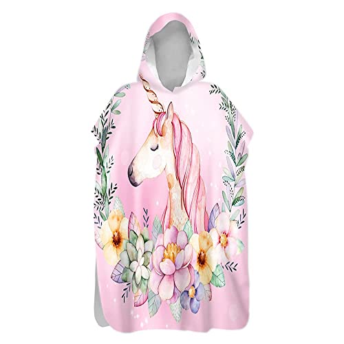 Morbuy Einhorn Kinder Badeponcho mit Kapuze, Bademantel Mikrofaser Weich Badetuch Schnelltrocknend Surf Poncho für Mädchen Jungen Erwachsene Schwimmen Strand (Rosa Prinzessin,80x110cm) von Morbuy