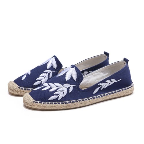 Morbuy Espadrilles für Damen, Stickerei Blätter Unisex Espadrilles Flach Canvas Slip-On Sommer Casual Sommerschuhe Bequem Schuhe Flache Schuhe Weich Atmungsaktiv 35-40 (Blau,35) von Morbuy