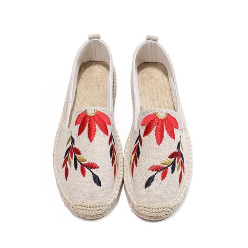 Morbuy Espadrilles für Damen, Stickerei Blätter Unisex Espadrilles Flach Canvas Slip-On Sommer Casual Sommerschuhe Bequem Schuhe Flache Schuhe Weich Atmungsaktiv 35-40 (Rot,35) von Morbuy