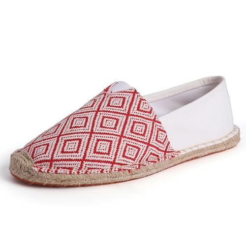 Morbuy Espadrilles für Damen & Herren, Espadrilles Flach Slip-On Sommer Elegant Casual Runde Canvas Schuhe Fahren Flache Schuhe Weich Atmungsaktiv Bequem 36-47 (T207 weiß rot,40) von Morbuy