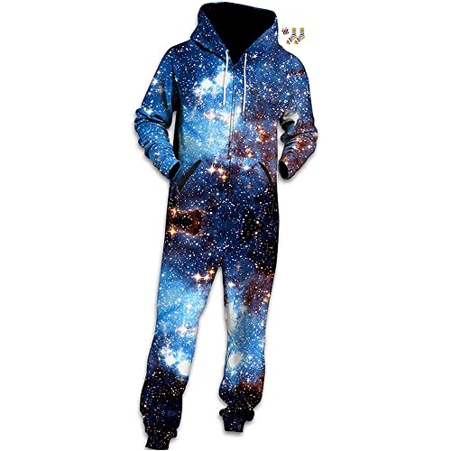 Morbuy Herren Jumpsuit Jogger, Blau Sternenhimmel Drucken Kapuzenpullover Strampelanzug 3D Printed Onepiece Sweatshirt Männer Strampler Weich Nachtwäsche Overall Trainingsanzug (S, Blauer Stern) von Morbuy