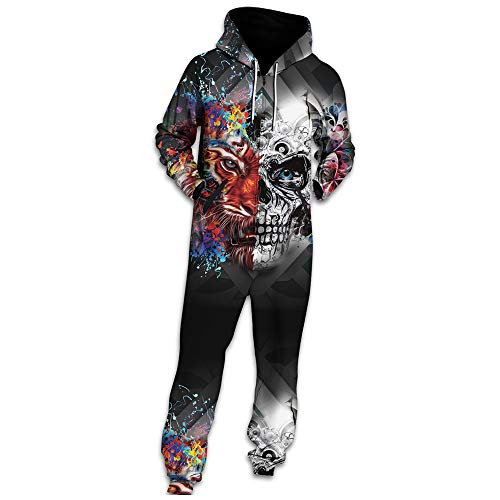 Morbuy Herren Jumpsuit Jogger, Unisex Herren Kapuzenpullover Strampelanzug 3D Printed Onepiece Sweatshirt Männer Strampler Weich Nachtwäsche Fitness Bekleidung (L, Schädeltiger) von Morbuy