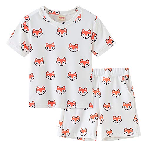 Morbuy Kind Jungen Mädchen Zweiteiliger Schlafanzug Kurzarm Rundhals Pyjamas Sets, Cartoon Drucken Sanft Baumwolle Sommer Kurze Hose Nachtwäsche (Fuchs,100cm) von Morbuy