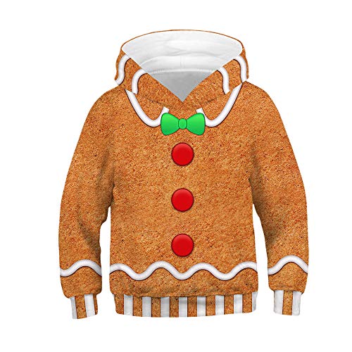 Morbuy Kinder Junge Mädchen Hoodie - 3D Rote Weihnachten Gedruckt Kapuzenpullover Unisex Casual Lose Langarm Warm Sweatshirt mit Kapuze und Tasche (Lebkuchen-Mann,S (125-130cm)) von Morbuy