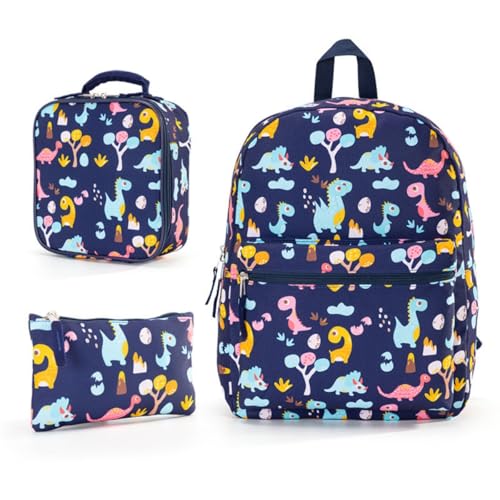 Morbuy Kinder Rucksack für Jungen Mädchen, Cartoon Dinosaurier Kinderrucksack mit Lunchtasche und Federmäppchen, Großer Leicht Schultaschen Kindergartentasche Schulrucksack (Dunkelblau) von Morbuy