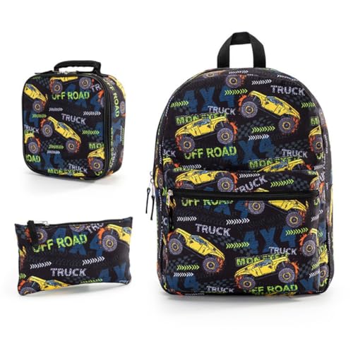 Morbuy Kinderrucksack Cartoon-Auto-Print Jungen Schulrucksack Kinder Rucksack für 3-8 Jährige mit Lunchtasche und Federmäppchen, Großer Leicht Schultaschen Kindergartentasche (Schwarz) von Morbuy