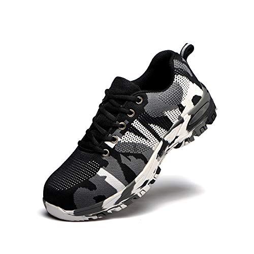 Morbuy Mesh Stahlkappe Arbeitsschuhe Herren, Atmungsaktiv Sicherheitsschuhe Damen Sportlich Schuhe Trekking Camouflage Schutzschuhe Sneakers (36EU=230mm,Tarnung-Grau) von Morbuy